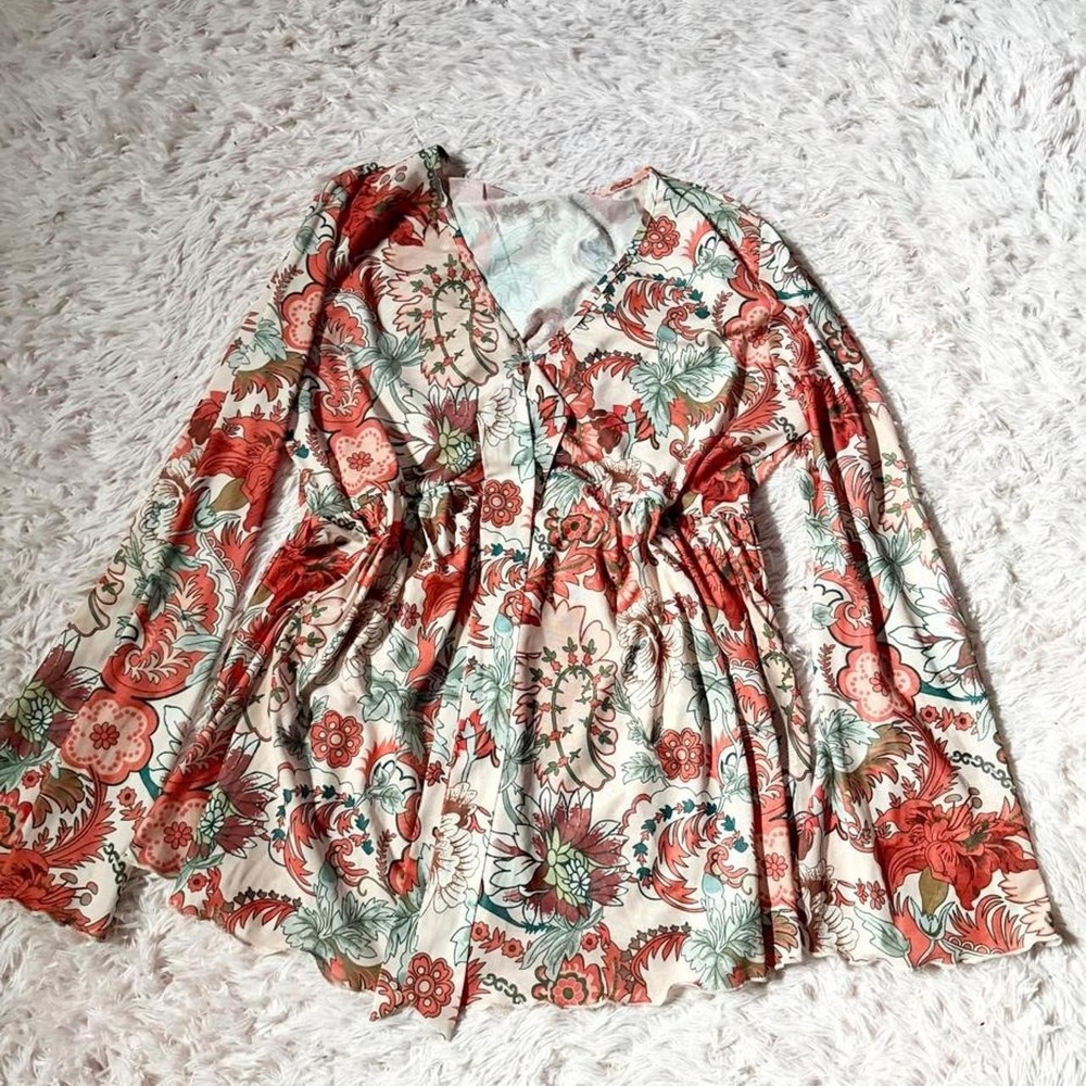 Mesh Boho Floral Retro Groovy Flower Child Hippie Bell Sleeve Top Womens XL